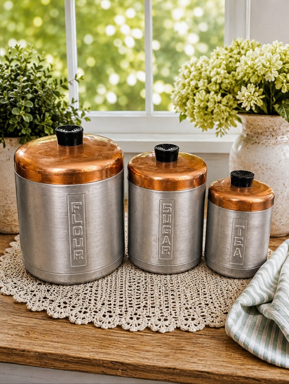 Vintage Aluminum Copper Canister Set Flour Sugar Tea Kitchen Mid Century Modern